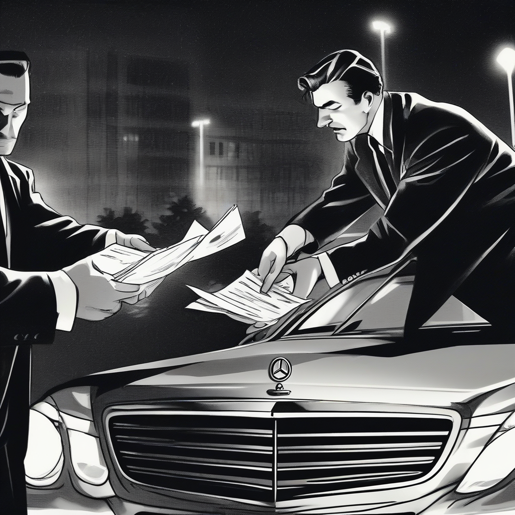 Suited men exchanging papers beside a dark SUV