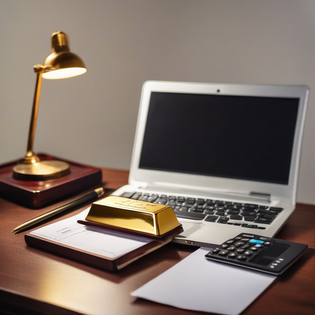 Gold bar beside laptop and calculator