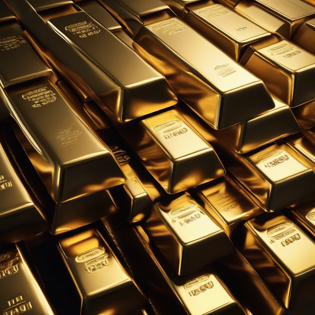 Pyramid of gold bars stacked in darkness